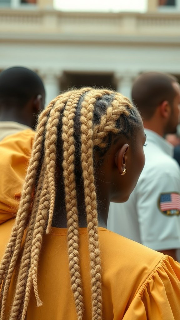 A person with blonde knotless box braids styled in a vibrant yellow outfit, showcasing a trendy hairstyle.