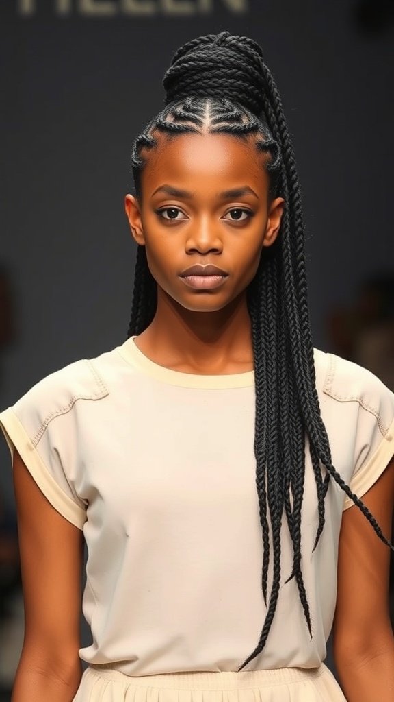 Model showcasing small knotless box braids on the runway