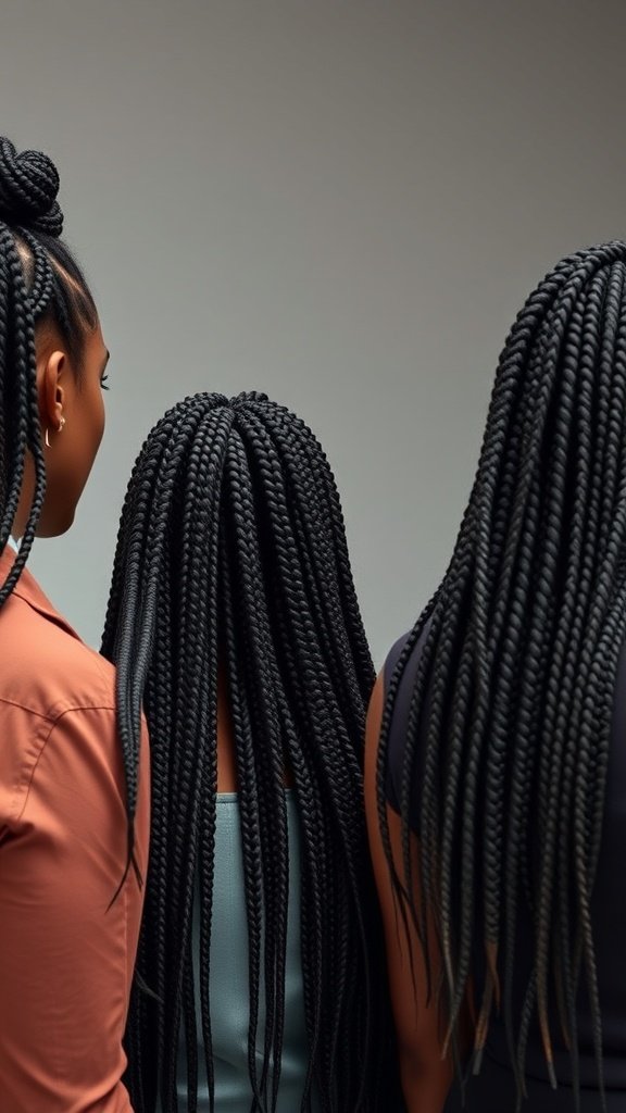 Three women with large knotless box braids, showcasing different styles suitable for the workplace.