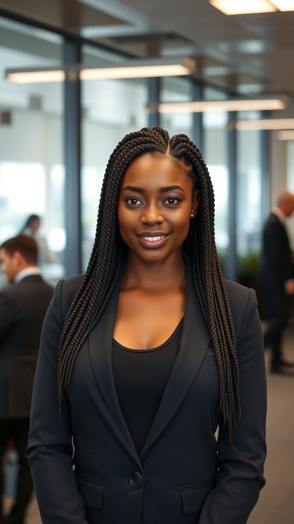 A woman with medium knotless box braids wearing a professional outfit in an office setting.