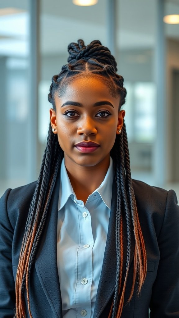 A professional woman with small knotless box braids, wearing a blazer and looking confidently at the camera.