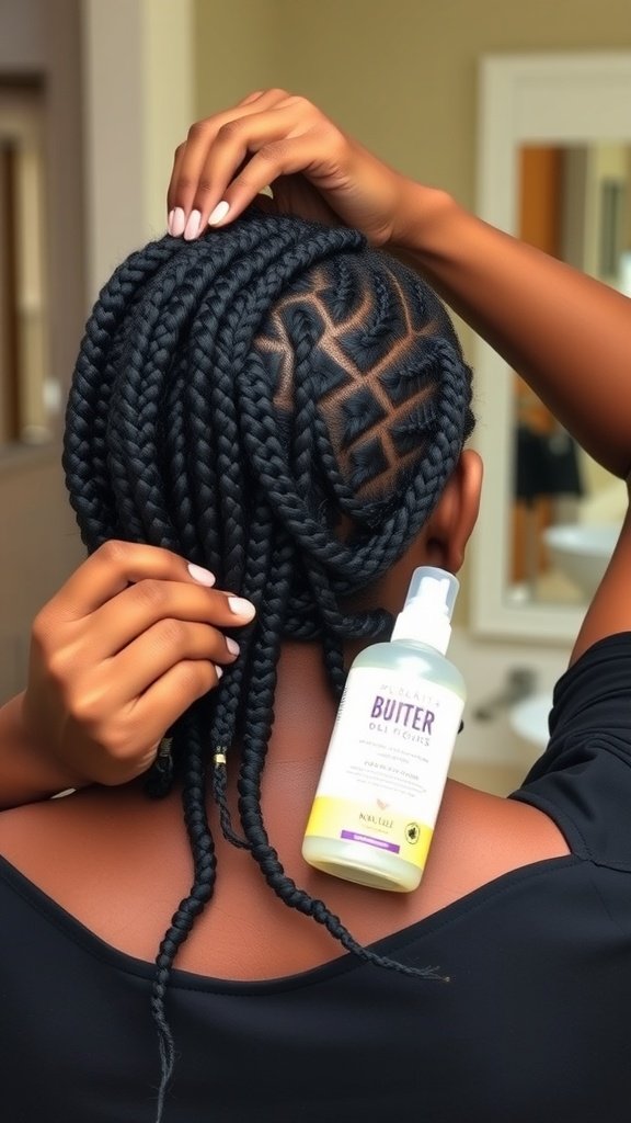 Close-up of small knotless box braids with a hair care product.