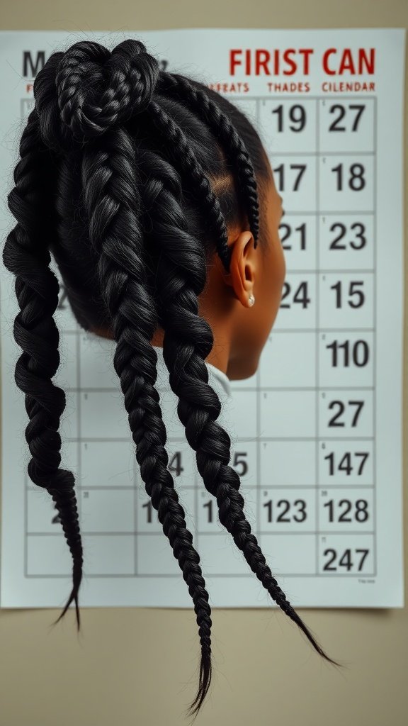 A person with stylish knotless box braids, showcasing a maintenance calendar in the background.