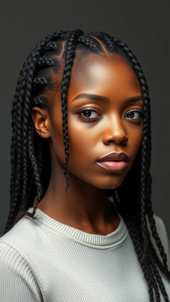 A close-up of a person with short knotless box braids, showcasing their neat and stylish appearance.