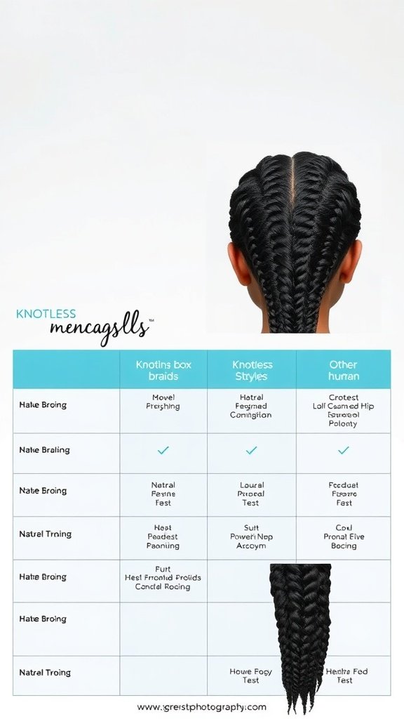 Image showing small knotless box braids with a comparison chart of different braiding techniques.