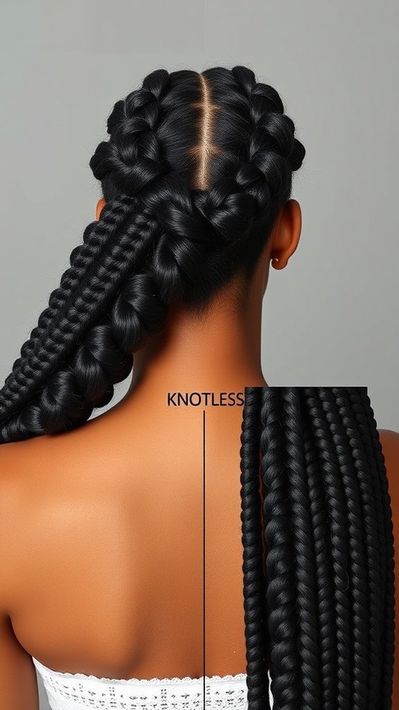 Image showing the back of a person's head with medium knotless box braids, highlighting the smooth transition without knots.