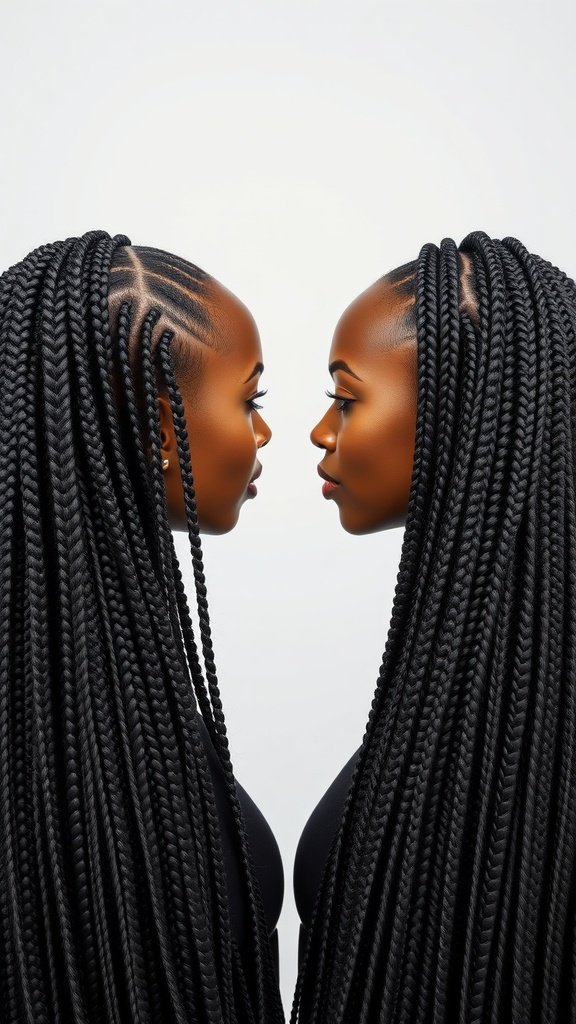 Two individuals facing each other with long knotless box braids, showcasing a stylish hairstyle.
