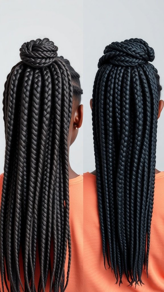 Comparison of knotless box braids in an updo and long style