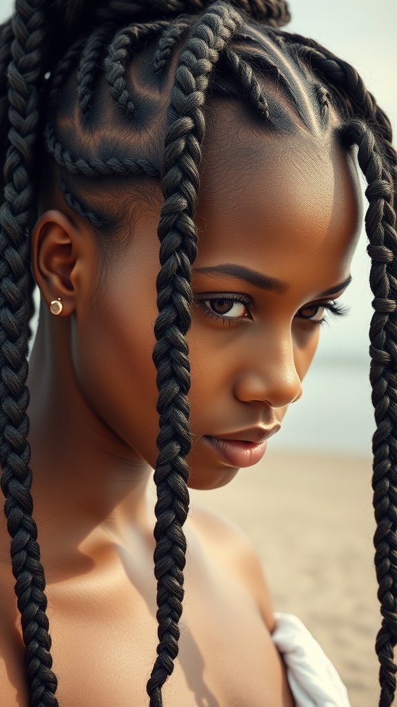 A close-up of a person with knotless box braids styled with a beach wave effect.