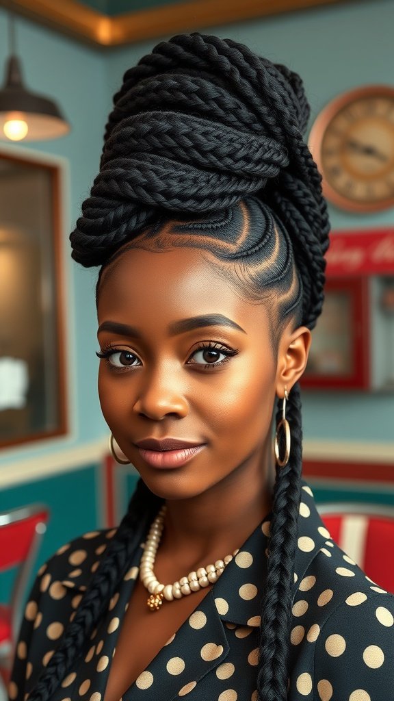 A woman with knotless box braids styled in a beehive, showcasing a polished and elegant look.