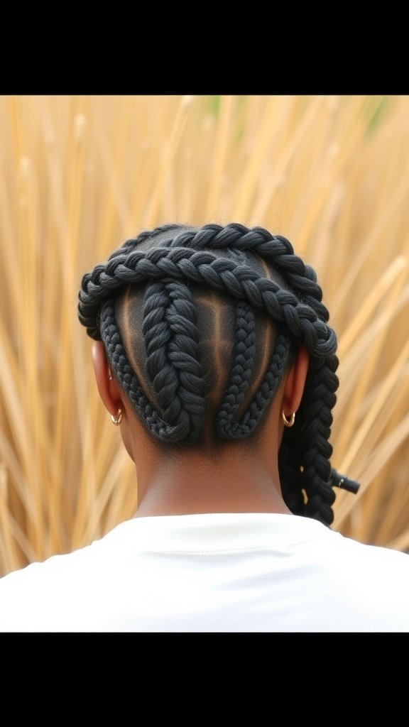 A woman showcasing knotless box braids styled with a braided headband, set against a natural background.
