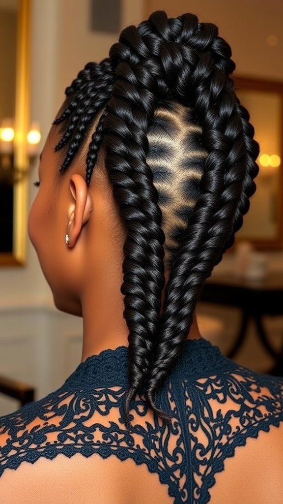 A stylish braided updo featuring knotless box braids, showcasing intricate patterns and a polished finish.