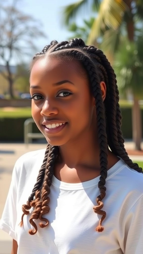 A young woman with knotless box braids featuring curly ends, smiling outdoors.