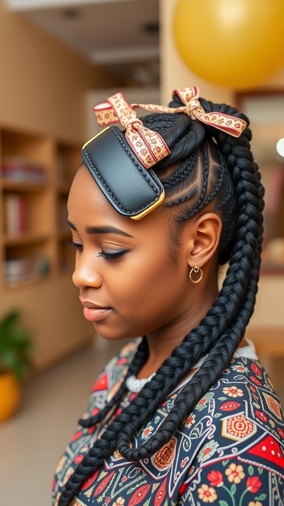 A woman with knotless box braids styled with decorative ribbons, showcasing a chic hairstyle.