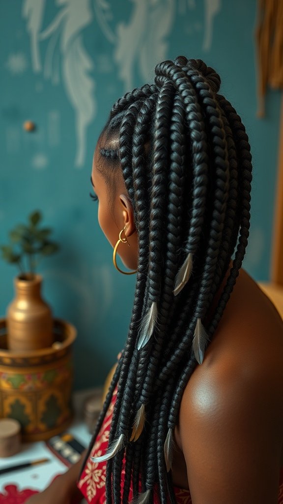 A woman with knotless box braids adorned with feather accessories, showcasing a stylish and bohemian look.