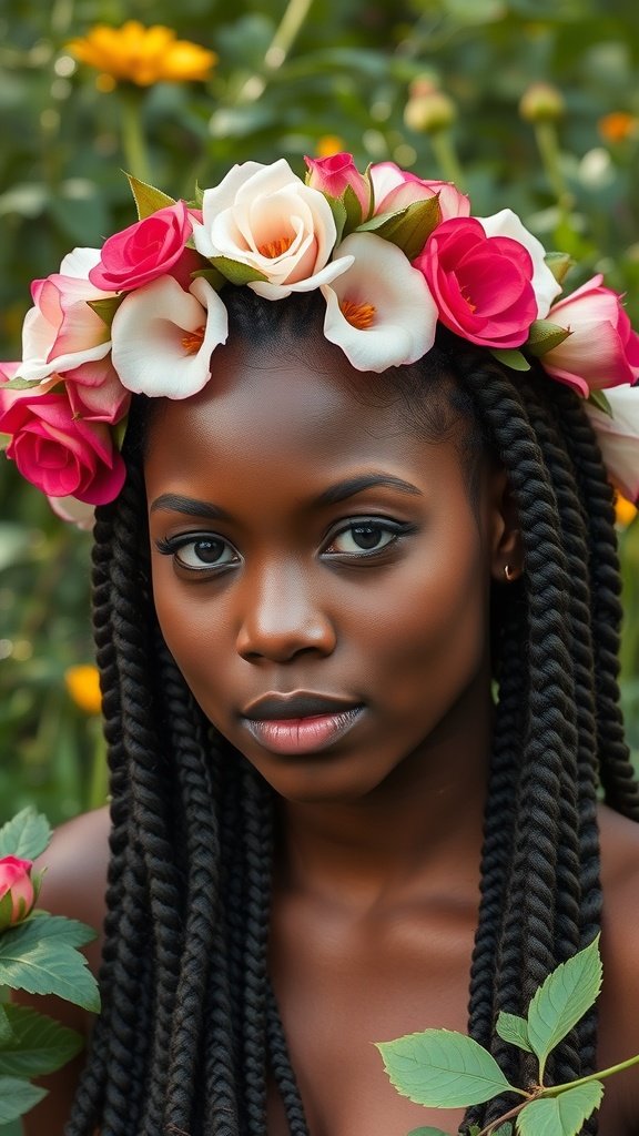 A person with knotless box braids wearing a floral crown surrounded by greenery.
