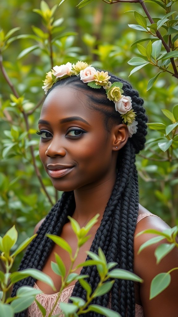 A woman with knotless box braids wearing a floral headband, surrounded by greenery.