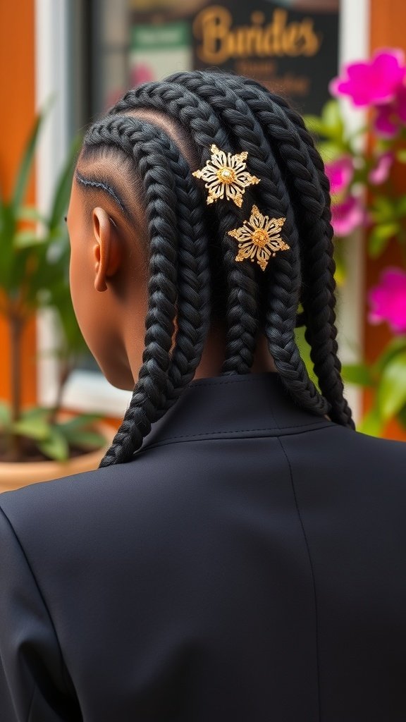 A close-up of knotless box braids styled with decorative hair clips.