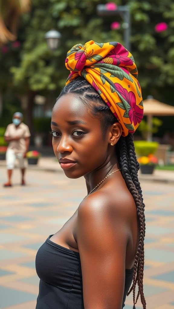 A woman with knotless box braids wearing a colorful headscarf, showcasing a stylish look.