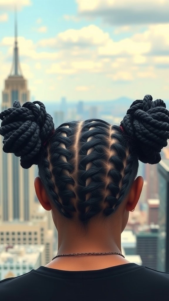 A person with knotless box braids styled in a high bun, showcasing a city skyline in the background.