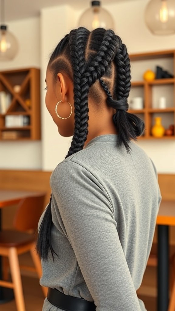 A woman with knotless box braids styled in a low side ponytail, showcasing a chic and trendy hairstyle.