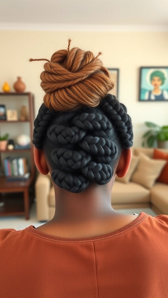 A person with knotless box braids styled in a messy bun, showcasing a chic and casual hairstyle.
