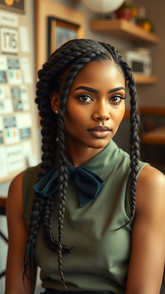 A model with knotless box braids styled with a retro twist, wearing a green outfit and a bow tie.