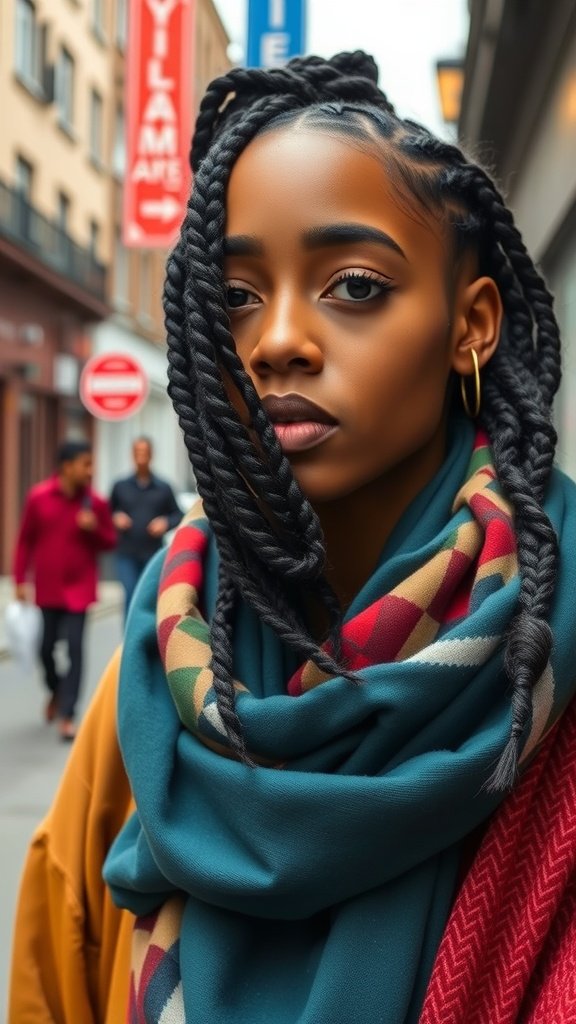 A person with knotless box braids styled with a colorful scarf wrap.