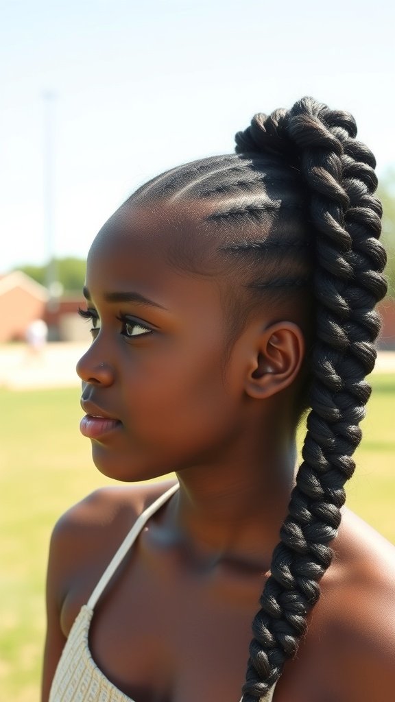 A young woman with knotless box braids styled with a side braid, showcasing a chic and protective hairstyle.