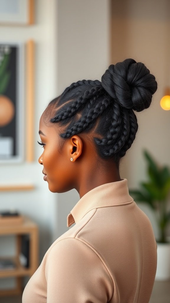 A woman with knotless box braids styled in a side bun, showcasing a modern and elegant look.