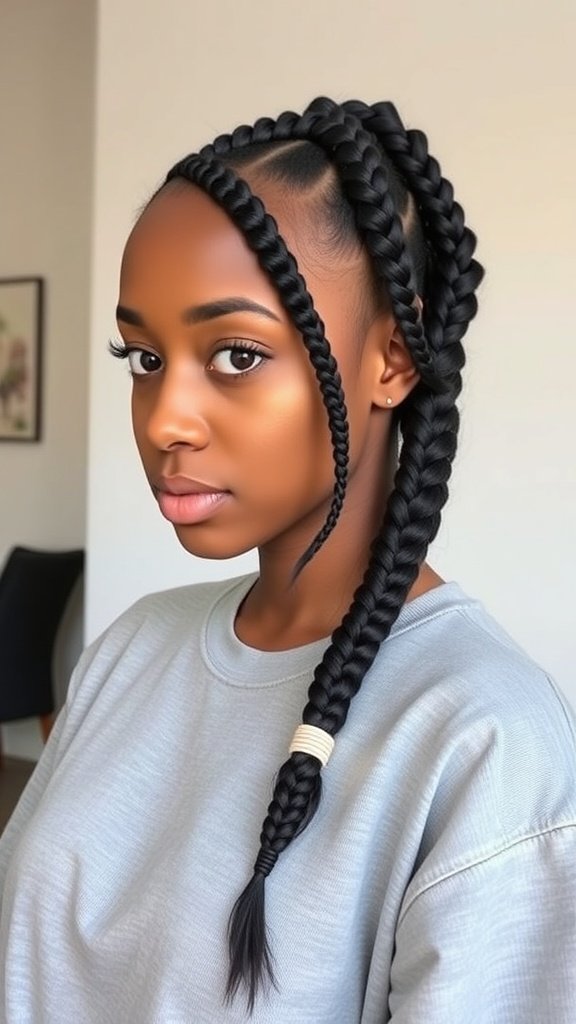 A woman with knotless box braids styled in a side part, showcasing a sleek and modern look.