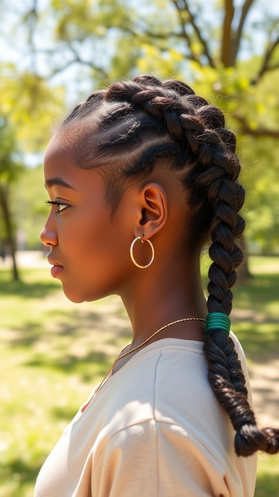 A profile view of a person with knotless box braids styled in a side twist, showcasing a neat and stylish look.