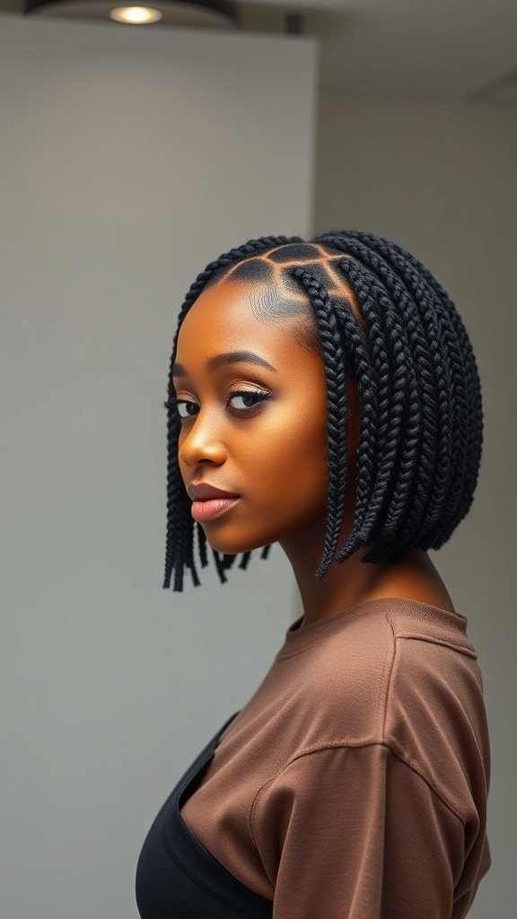 A woman with knotless box braids styled in a sleek bob, showcasing a polished and chic look.