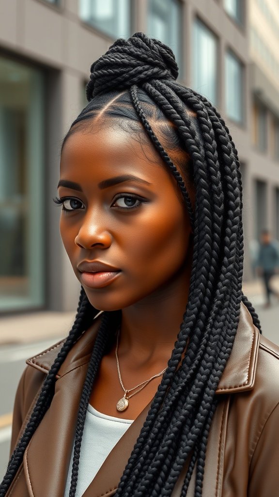 A woman with sleek knotless box braids styled in a high bun, showcasing a confident look.