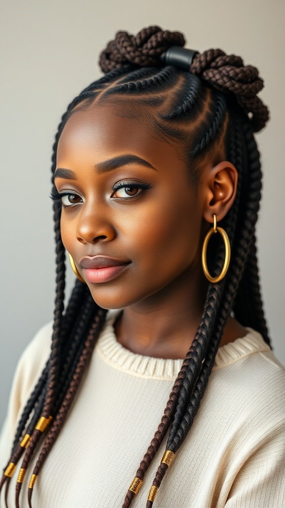 A woman with sleek knotless box braids styled half-up, adorned with gold accessories.