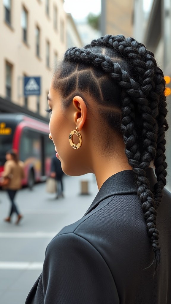 A woman with knotless box braids styled in a sleek low ponytail, wearing a black blazer, with a city street in the background.