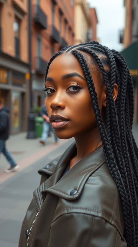 A person with knotless box braids styled in a sleek middle part, showcasing a confident look on a city street.