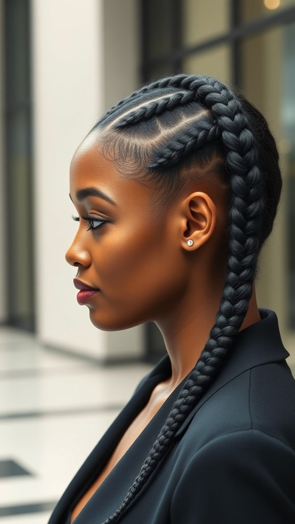 A woman with knotless box braids styled in a sleek side bun, showcasing a polished and elegant look.