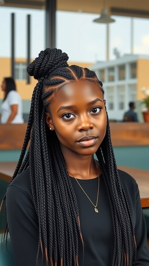 A person with knotless box braids styled in a zig-zag part, showcasing a modern and trendy look.