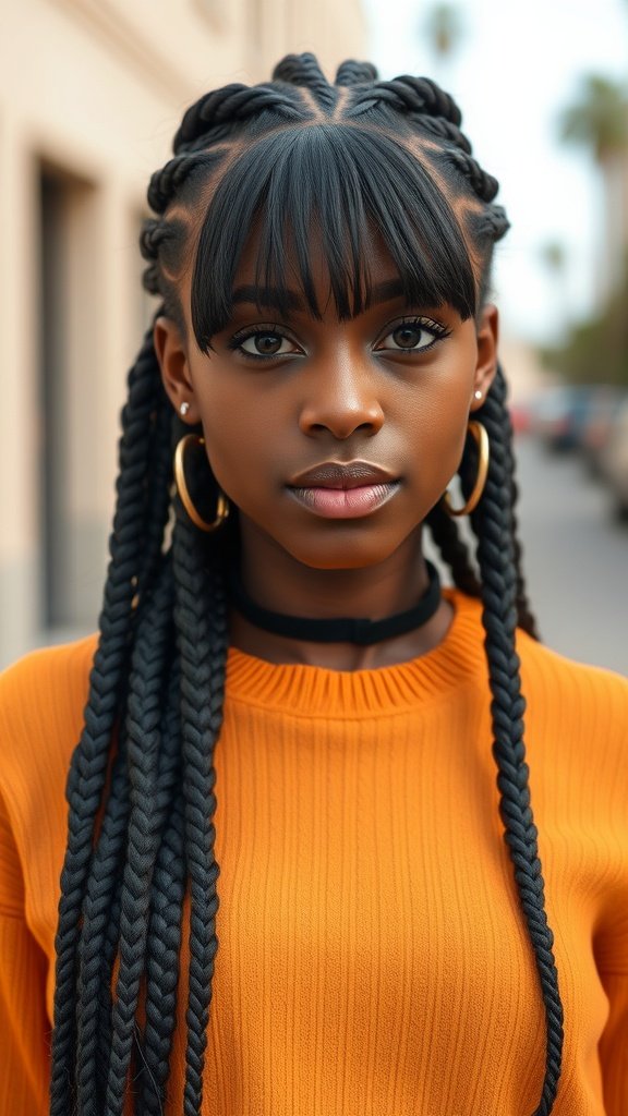 A young woman with knotless box braids and bangs, wearing an orange sweater, showcasing a stylish hairstyle.