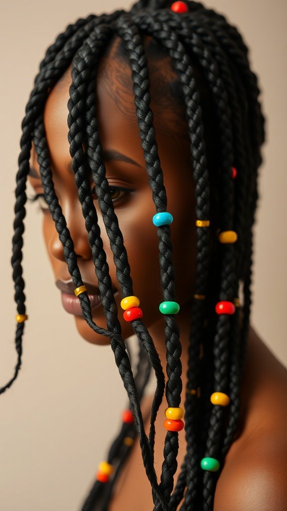 A close-up image of a person with long knotless box braids decorated with colorful beads.