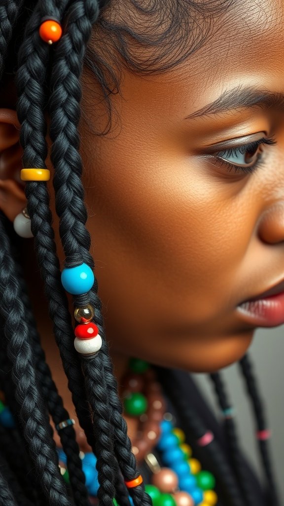 Close-up of a person with knotless box braids adorned with colorful beads.