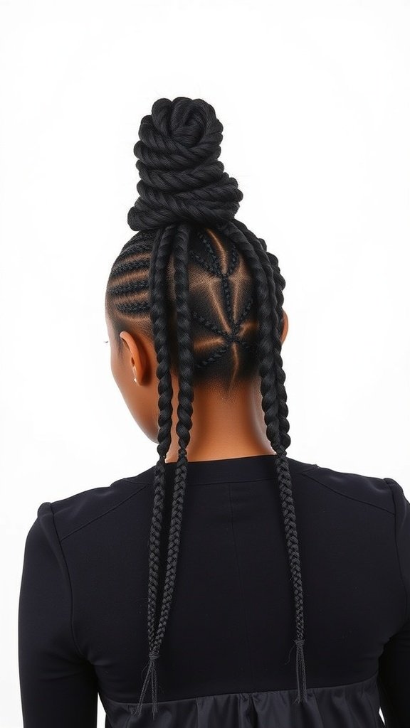 A woman with knotless box braids styled in a beehive bun, showcasing intricate braid patterns.
