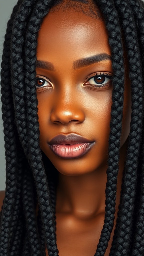 A close-up of a person with small knotless box braids, featuring curly ends, showcasing a stylish and protective hairstyle.