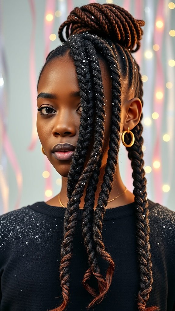 A woman with knotless box braids styled in an updo with glitter accents.