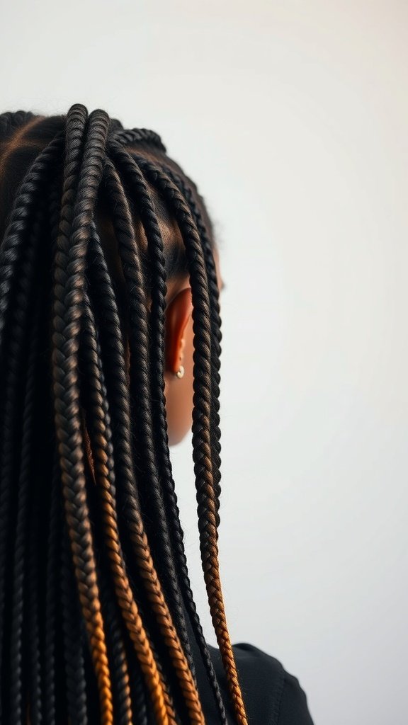 Knotless box braids with an ombre effect, showcasing long, sleek braids flowing down the back.