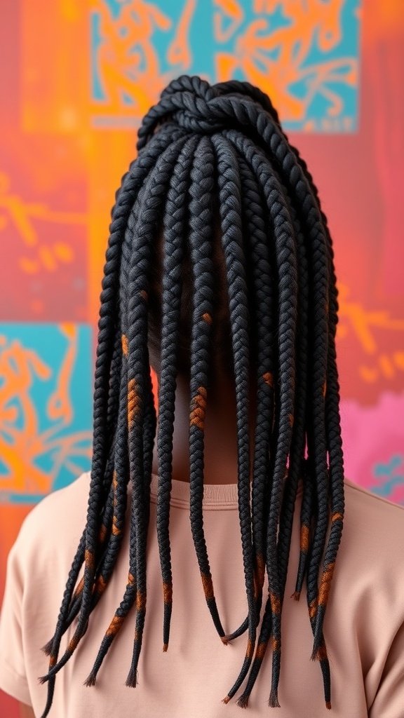 A person with knotless box braids styled in an ombre effect, showcasing the color transition from dark to light.