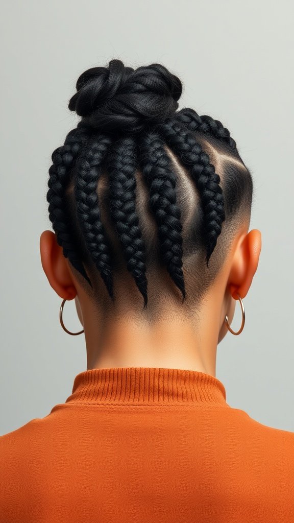 A close-up view of a person with knotless box braids styled into a bun, featuring an undercut.