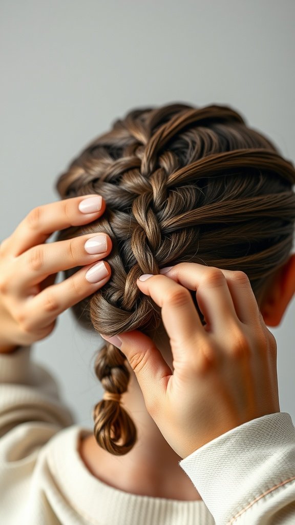 A close-up of a person styling small boho knotless braids, showcasing intricate details.