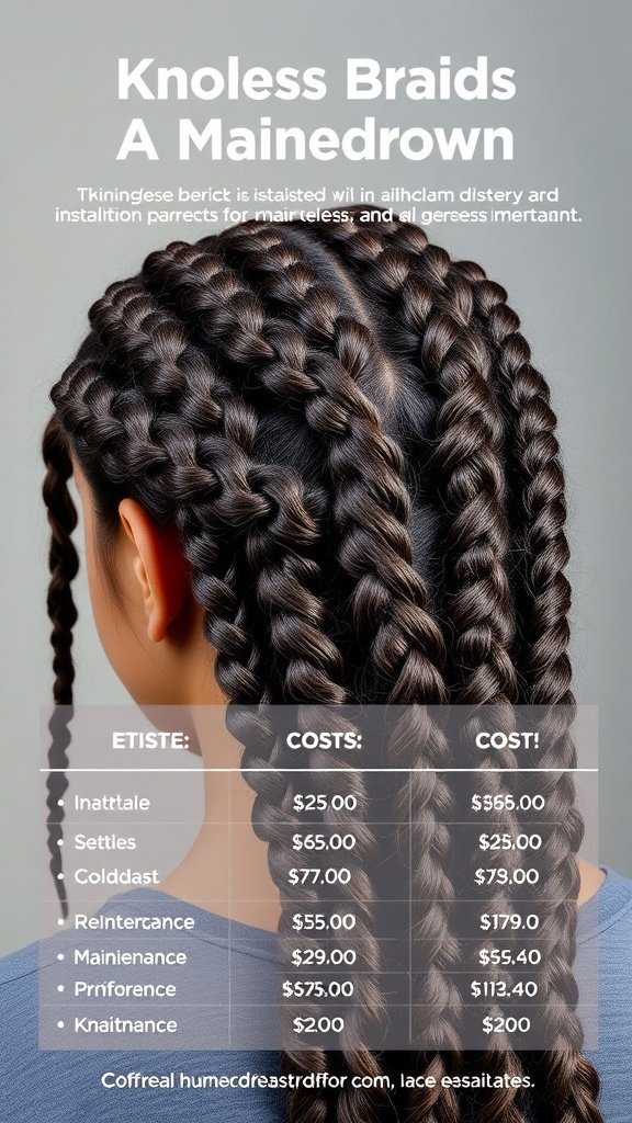 Cost analysis of knotless braids showing installation and maintenance prices.